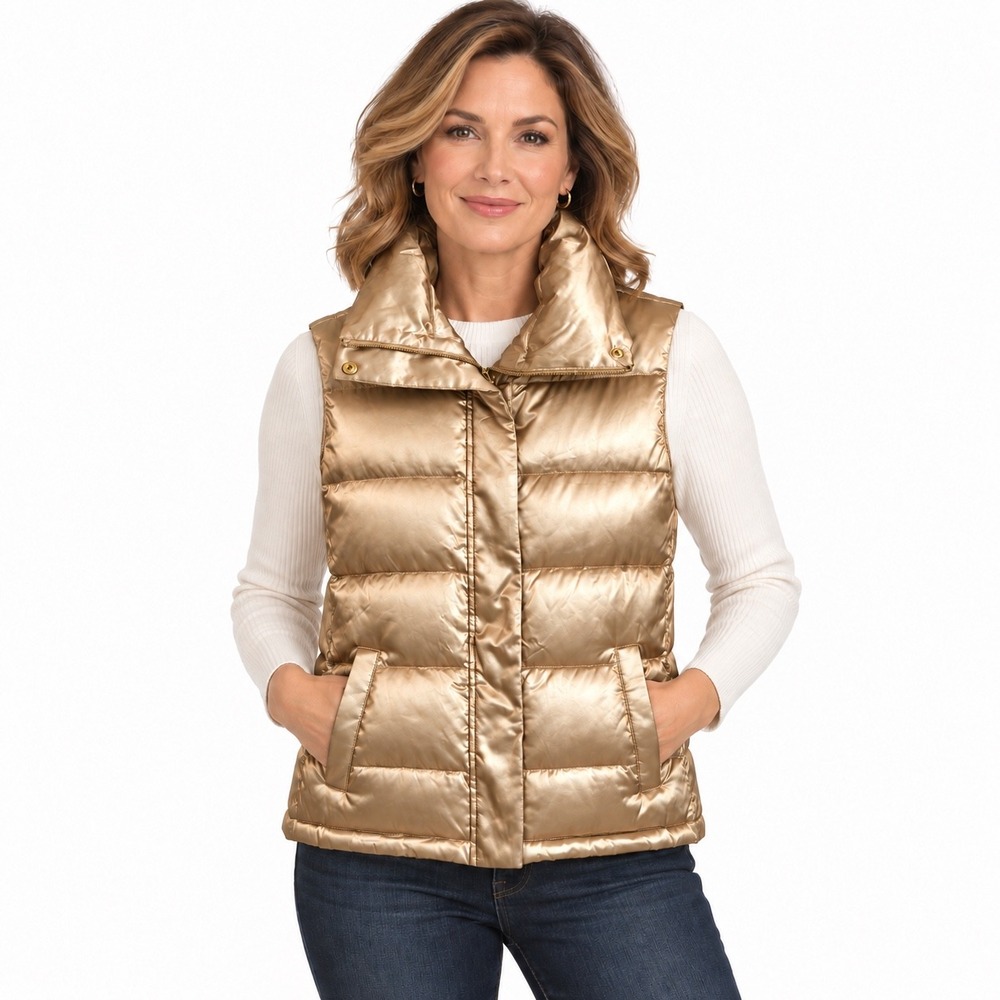 Talbots Chic Metallic Gold Puffer Vest Medium Down Fill Glam Sleeveless Jacket